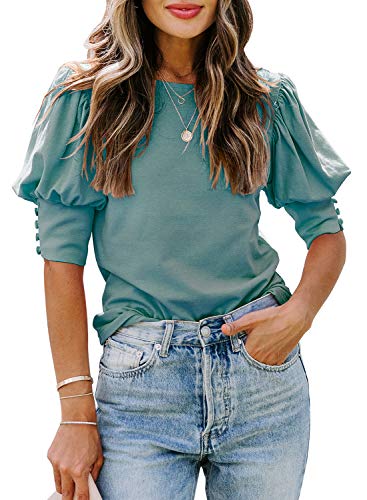 DOROSE Womens Tops Women Blouses Short Sleeve Shirts Puff Sleeve (X-Large, Green) - Image 1