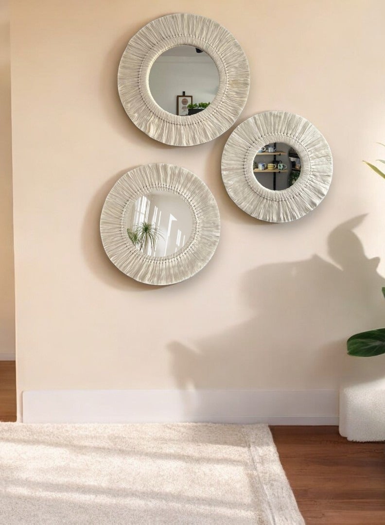 مجموعة مرايا حائط مكرمية مكونة من 3 قطع، ديكور طبيعي، اوف وايت تصميم يدوي الصنع