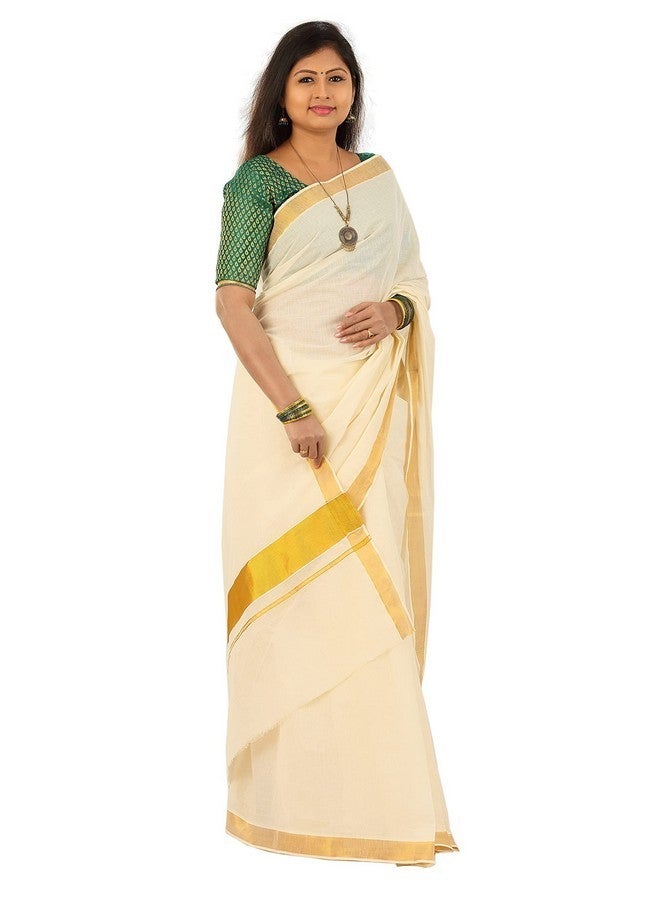 YETTALAN¬Æ Women's Kerala Traditional Cotton Cream Color Plain Saree Kasavu Border with Running Blouse (Gold Jari Border) - Image 2