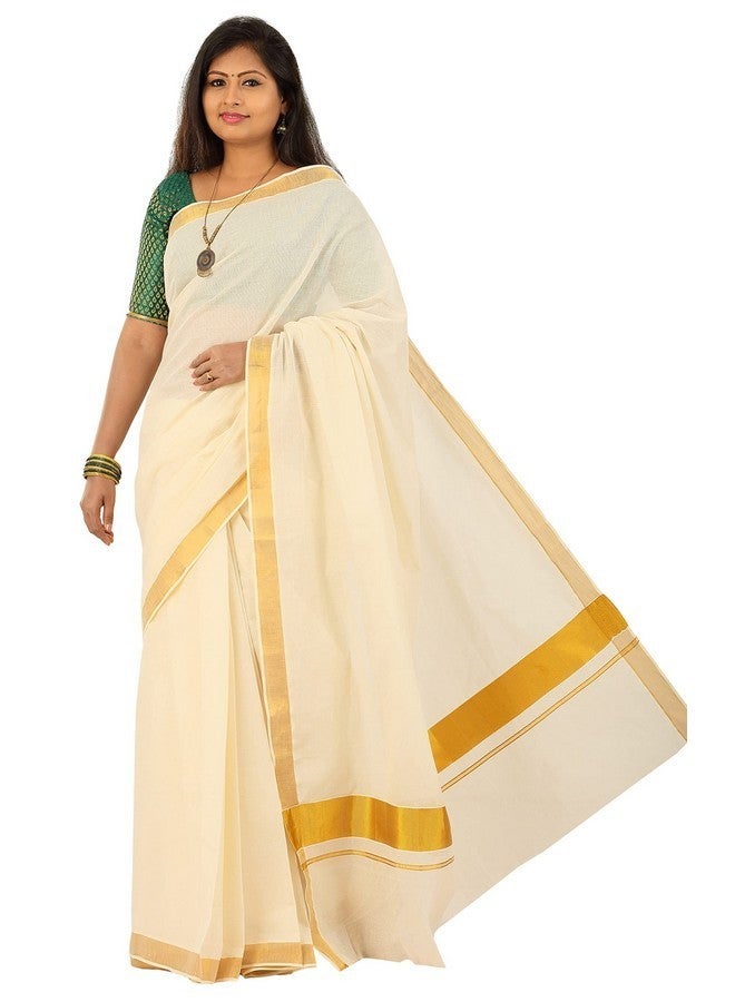 YETTALAN¬Æ Women's Kerala Traditional Cotton Cream Color Plain Saree Kasavu Border with Running Blouse (Gold Jari Border) - Image 1