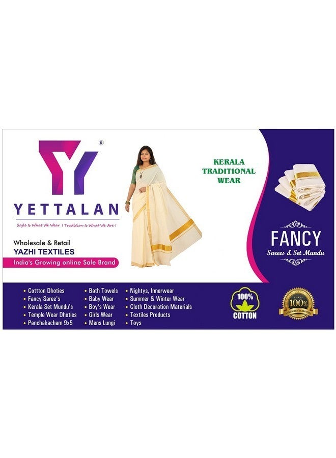 YETTALAN¬Æ Women's Kerala Traditional Cotton Cream Color Plain Saree Kasavu Border with Running Blouse (Gold Jari Border) - Image 4