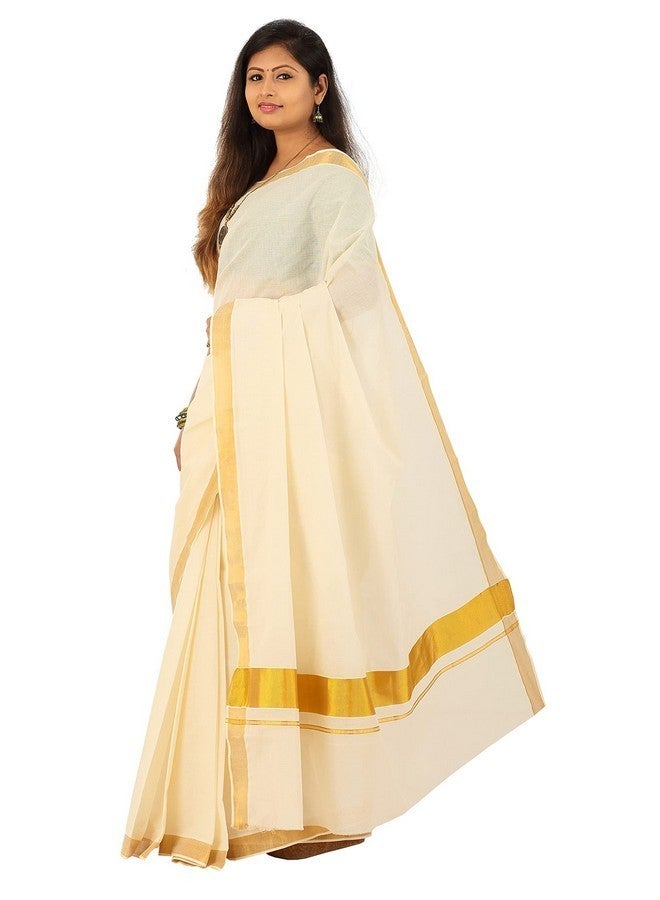 YETTALAN¬Æ Women's Kerala Traditional Cotton Cream Color Plain Saree Kasavu Border with Running Blouse (Gold Jari Border) - Image 5