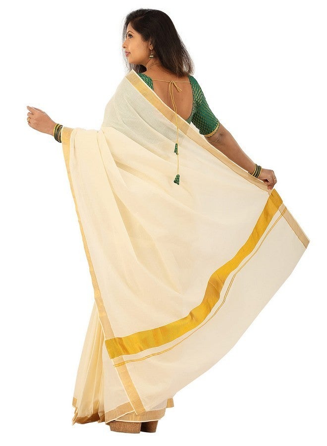 YETTALAN¬Æ Women's Kerala Traditional Cotton Cream Color Plain Saree Kasavu Border with Running Blouse (Gold Jari Border) - Image 3