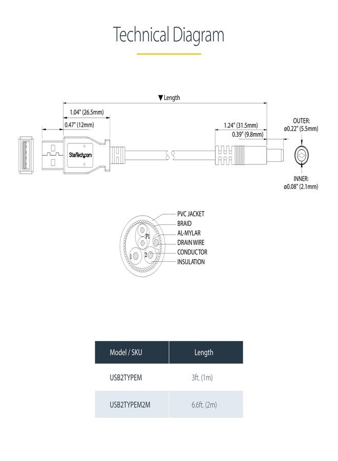 StarTech 2m USB to Type M Barrel Cable - USB to 5.5mm 5V DC Cable - Image 3