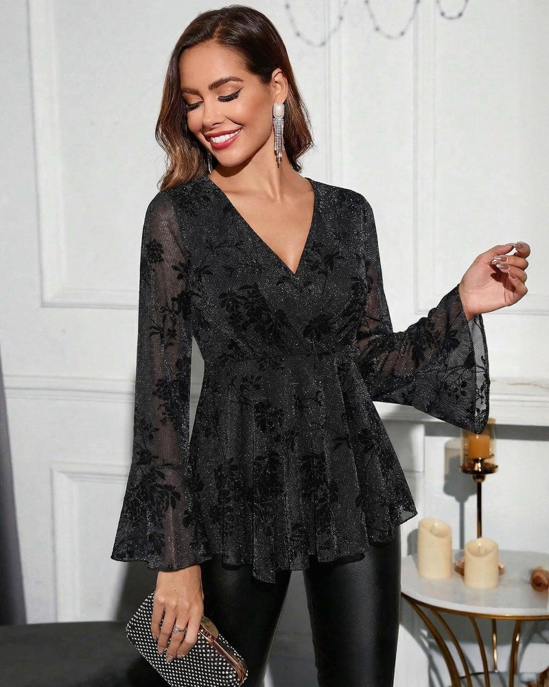 VALOLIA Dressy Tops for Women Party: V Neck Wrap Formal Blouse - Black Long Sleeve Clothes - Sequin Tunic Dressy Casual Fall Elegant Night Out Wedding Disco Holiday Outfits M - Image 4