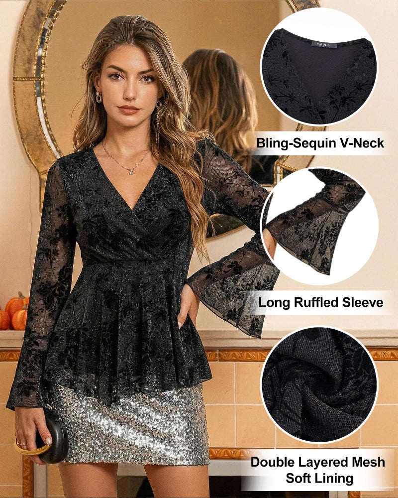 VALOLIA Dressy Tops for Women Party: V Neck Wrap Formal Blouse - Black Long Sleeve Clothes - Sequin Tunic Dressy Casual Fall Elegant Night Out Wedding Disco Holiday Outfits M - Image 5