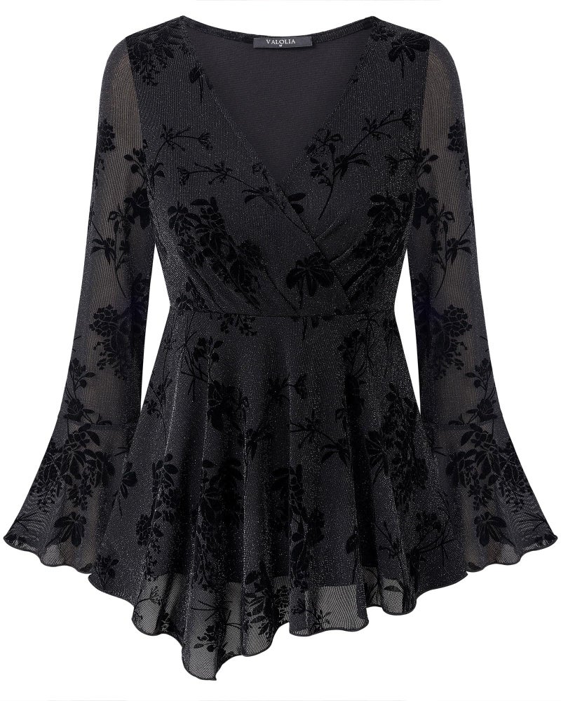 VALOLIA Dressy Tops for Women Party: V Neck Wrap Formal Blouse - Black Long Sleeve Clothes - Sequin Tunic Dressy Casual Fall Elegant Night Out Wedding Disco Holiday Outfits M - Image 1