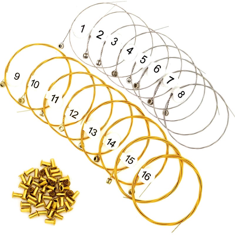INKNOTE Lyre Harp A Sets of 16 Replacement Metal Strings with 50 Pcs Gold Brass Hollow Rivets - Image 1