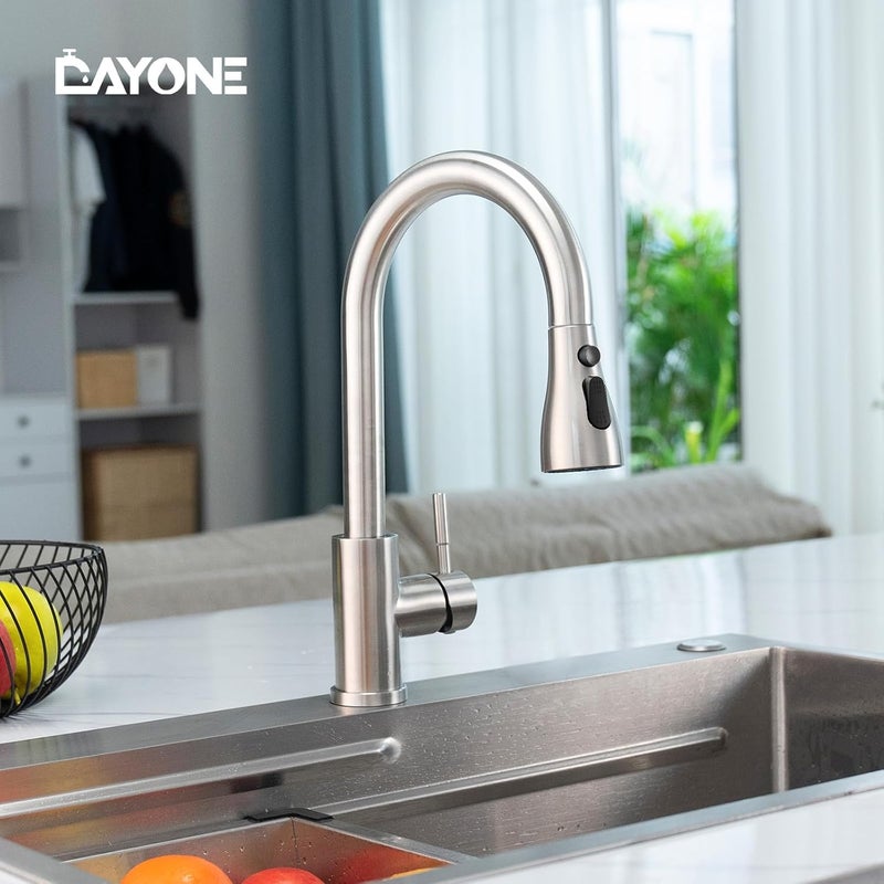 DAYONE Brushed Nickel Kitchen Sink Faucet, Single Hole Kitchen Faucets for Sink with Sprayer, 3 Modes Single Lever Kitchen Sink Tap Stainless Steel, 0012BN - Image 2