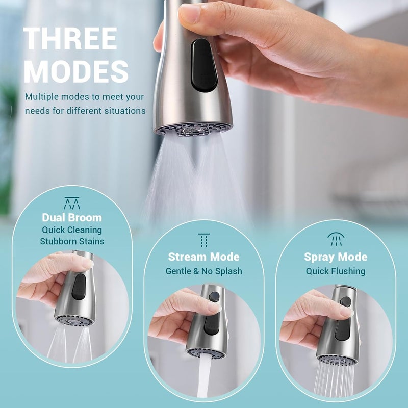 DAYONE Brushed Nickel Kitchen Sink Faucet, Single Hole Kitchen Faucets for Sink with Sprayer, 3 Modes Single Lever Kitchen Sink Tap Stainless Steel, 0012BN - Image 3