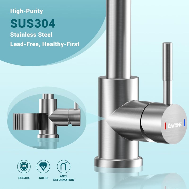 DAYONE Brushed Nickel Kitchen Sink Faucet, Single Hole Kitchen Faucets for Sink with Sprayer, 3 Modes Single Lever Kitchen Sink Tap Stainless Steel, 0012BN - Image 5