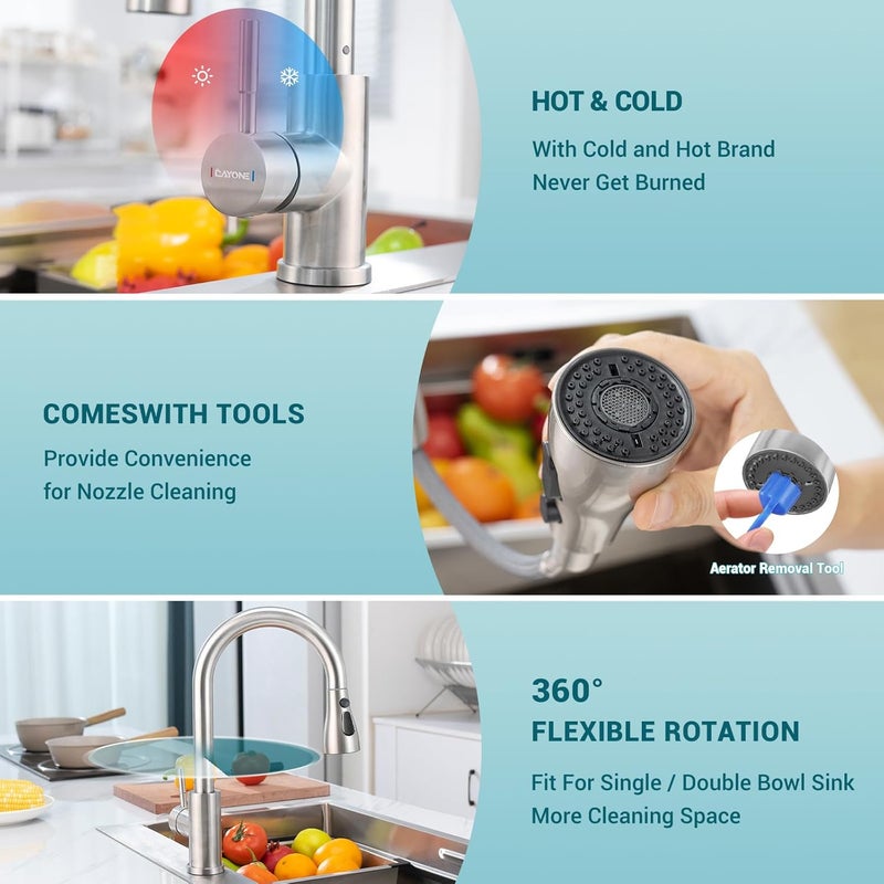 DAYONE Brushed Nickel Kitchen Sink Faucet, Single Hole Kitchen Faucets for Sink with Sprayer, 3 Modes Single Lever Kitchen Sink Tap Stainless Steel, 0012BN - Image 4