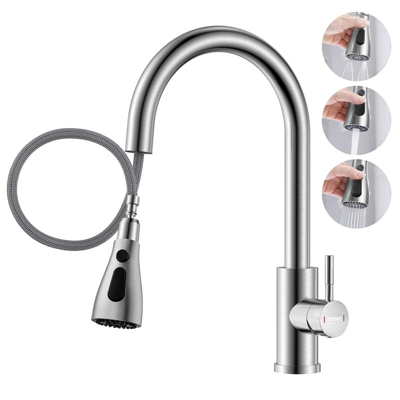 DAYONE Brushed Nickel Kitchen Sink Faucet, Single Hole Kitchen Faucets for Sink with Sprayer, 3 Modes Single Lever Kitchen Sink Tap Stainless Steel, 0012BN - Image 1