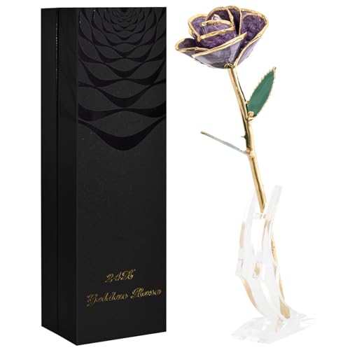 SW 24k Gold Dipped Real Rose Lasted Forever with Stand Gift for Women, Mom, Her, Christmas, Valentines Day, Mothers Day, Birthday - Purple Gold Rose - Image 1
