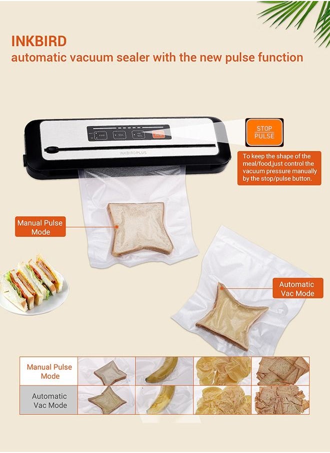 INKBIRD - INKBIRD Vacuum Sealer Machine with New PULSE Function Automatic Sealing for Food Preservation Dry & Moist Sealing Modes Built-in Cutter Starter Kit Stainless Steel Panel Compact Design - Image 1