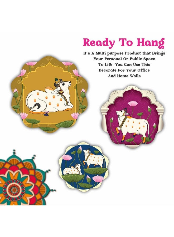 Bhikham Creation Cow Pichwai Designer Art round shape Wall Hanging Decor | Wall Decoration Accessories for Home | home decoration, bedroom | Painting For Diwali | Painting For Festival Set of 3 - Image 2
