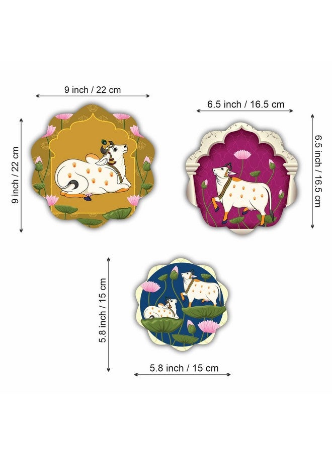 Bhikham Creation Cow Pichwai Designer Art round shape Wall Hanging Decor | Wall Decoration Accessories for Home | home decoration, bedroom | Painting For Diwali | Painting For Festival Set of 3 - Image 3