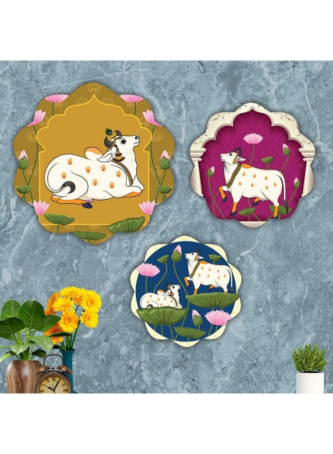 Bhikham Creation Cow Pichwai Designer Art round shape Wall Hanging Decor | Wall Decoration Accessories for Home | home decoration, bedroom | Painting For Diwali | Painting For Festival Set of 3 - Image 1