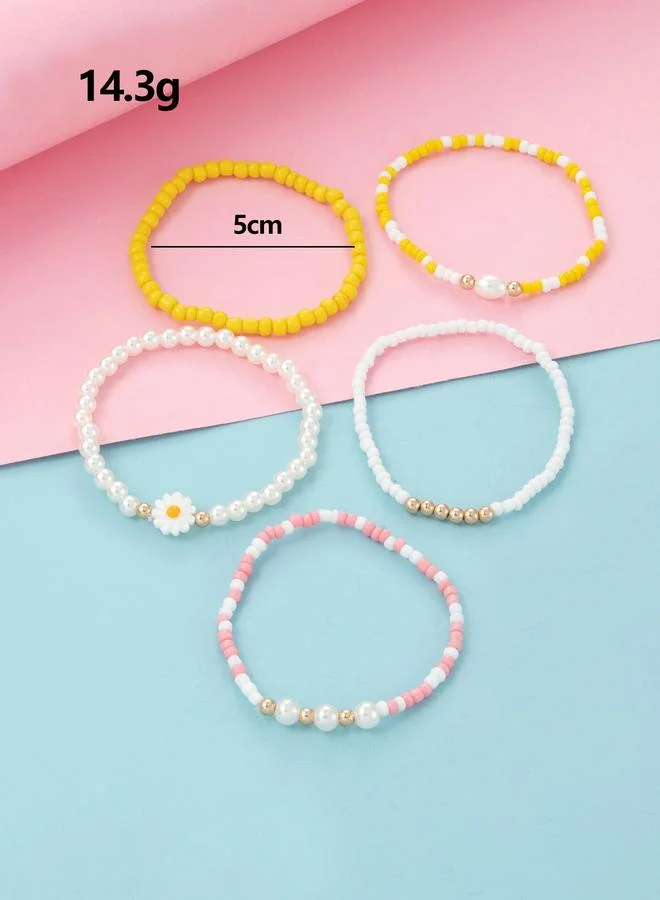 Take Two  Pack of 5 - Multi-Color Beaded Bracelets with Flower and Pearl Charms for Women | Best Price UAE