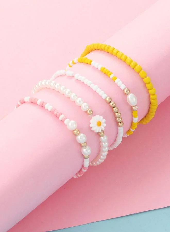 تايك تو Pack of 5 - Multi-Color Beaded Bracelets with Flower and Pearl Charms