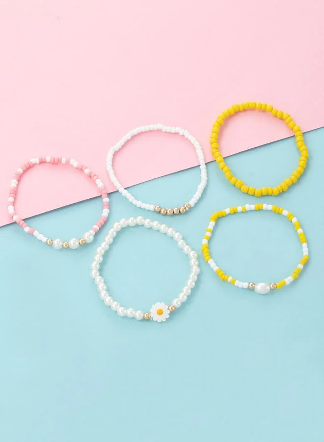 Take Two  Pack of 5 - Multi-Color Beaded Bracelets with Flower and Pearl Charms for Women | Best Price UAE