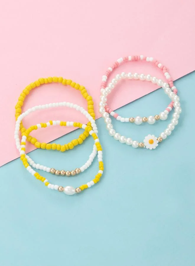تايك تو Pack of 5 - Multi-Color Beaded Bracelets with Flower and Pearl Charms