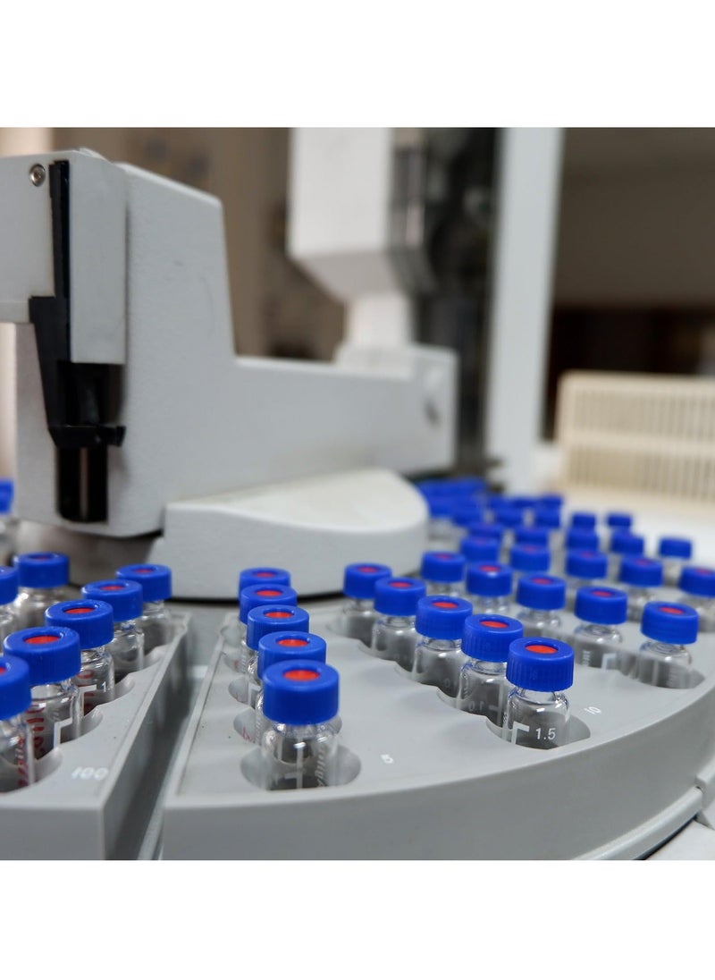 100 Pcs Autosampler Vial 2ml Pre Slit Septa HPLC or GC Vials 9-425 Lab Amber Vials Sample Vial Screw Cap Writing Patch PTFE and Silicone for LC Stamper High Transparency Good Sealing Clear Scale