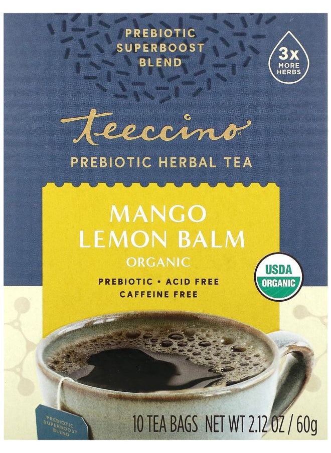 teeccino Organic Prebiotic Herbal Tea Mango Lemon Balm Caffeine Free 10 Tea Bags 2.12 oz (60 g) 