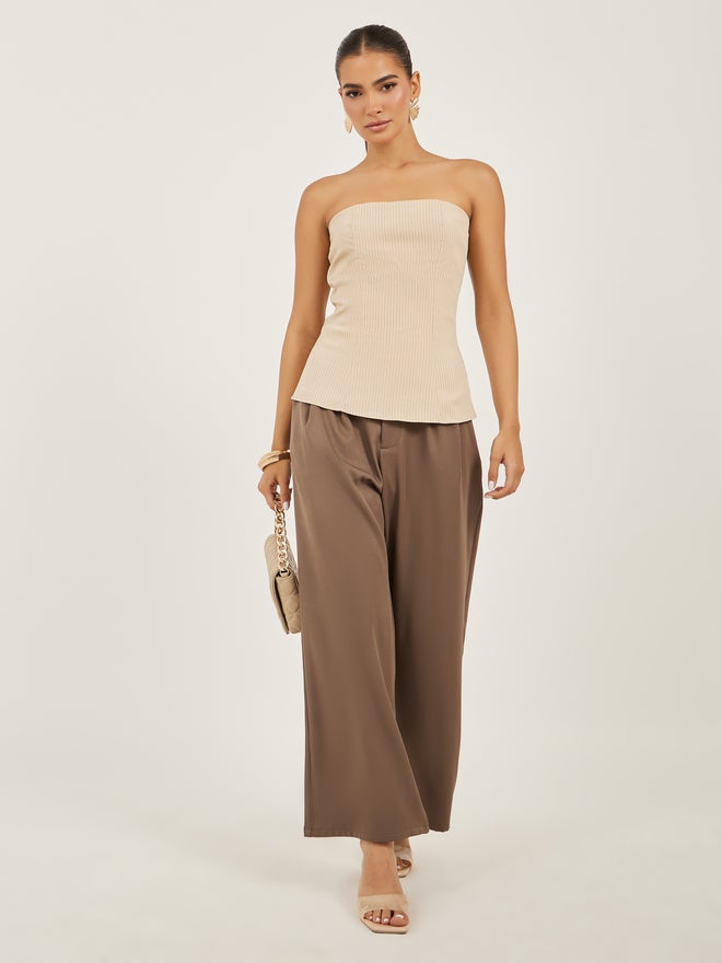 Styli Beige Striped Strapless Bandeau Top - Image 2