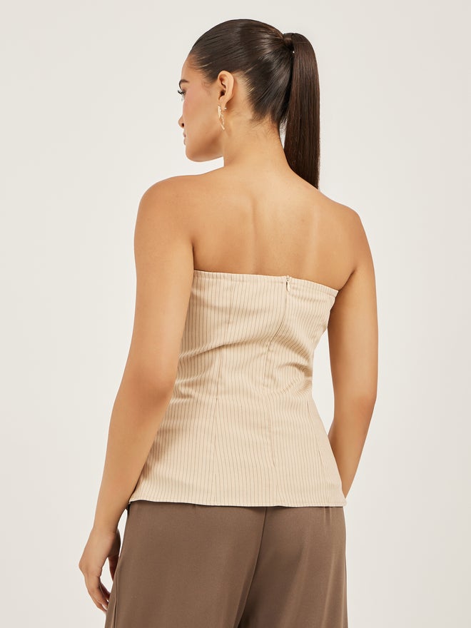Styli Beige Striped Strapless Bandeau Top - Image 4