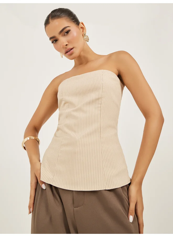 Styli Styli Beige Striped Strapless Bandeau Top