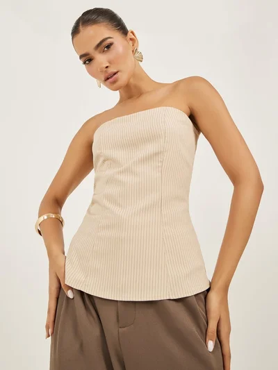 Styli Styli Beige Striped Strapless Bandeau Top