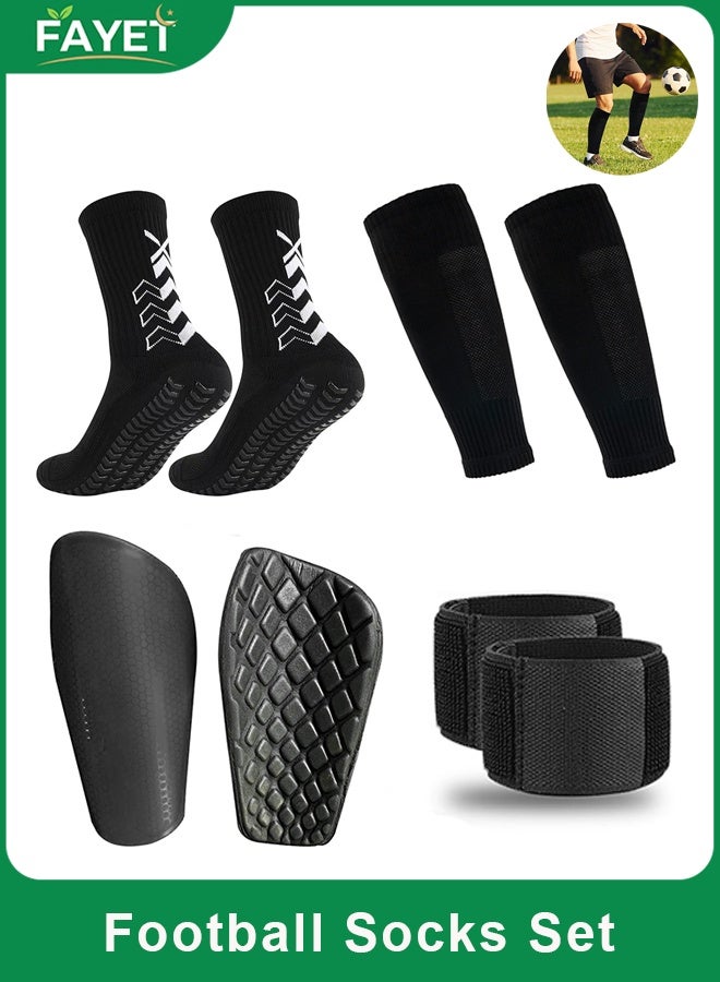 FAYET Football Grip Socks & Shin Guard Set, Non-Slip Soccer Grip Socks for Men, Adjustable Achilles Compression Ankle Straps, Lightweight Kids Shin Pads , Pre-Cut Soccer Sock Sleeves, Black - Image 1