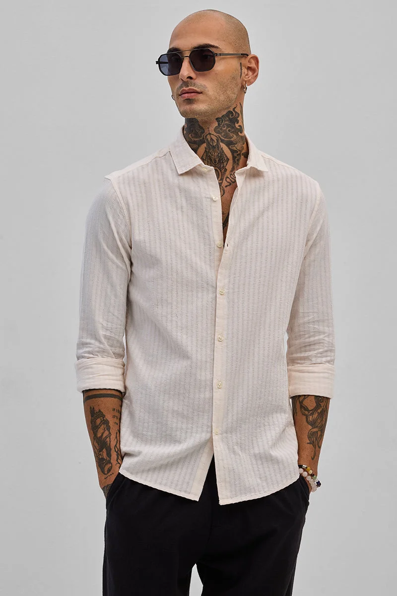 سنيتش Cream Striped Long Sleeve Slim Fit Casual Shirt