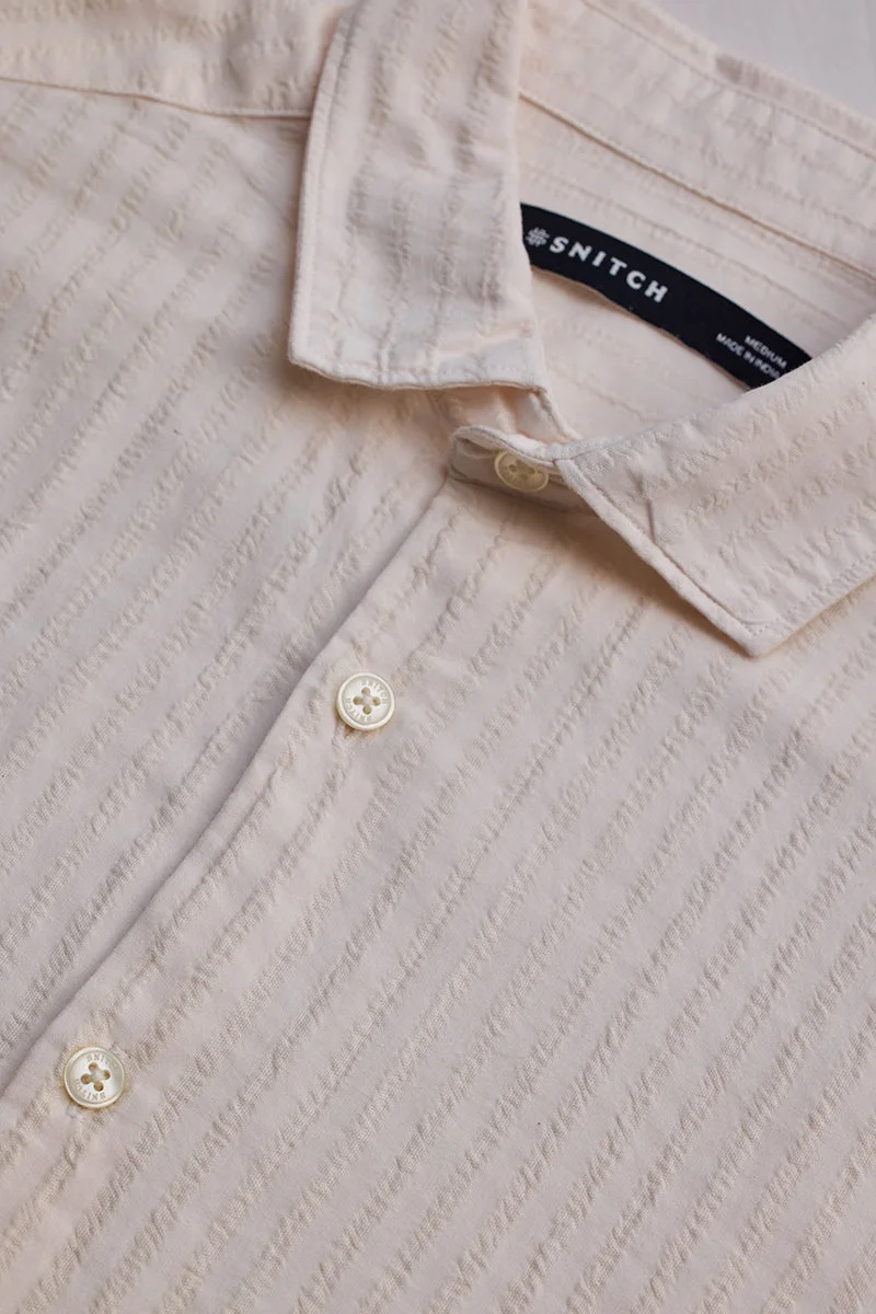 سنيتش Cream Striped Long Sleeve Slim Fit Casual Shirt