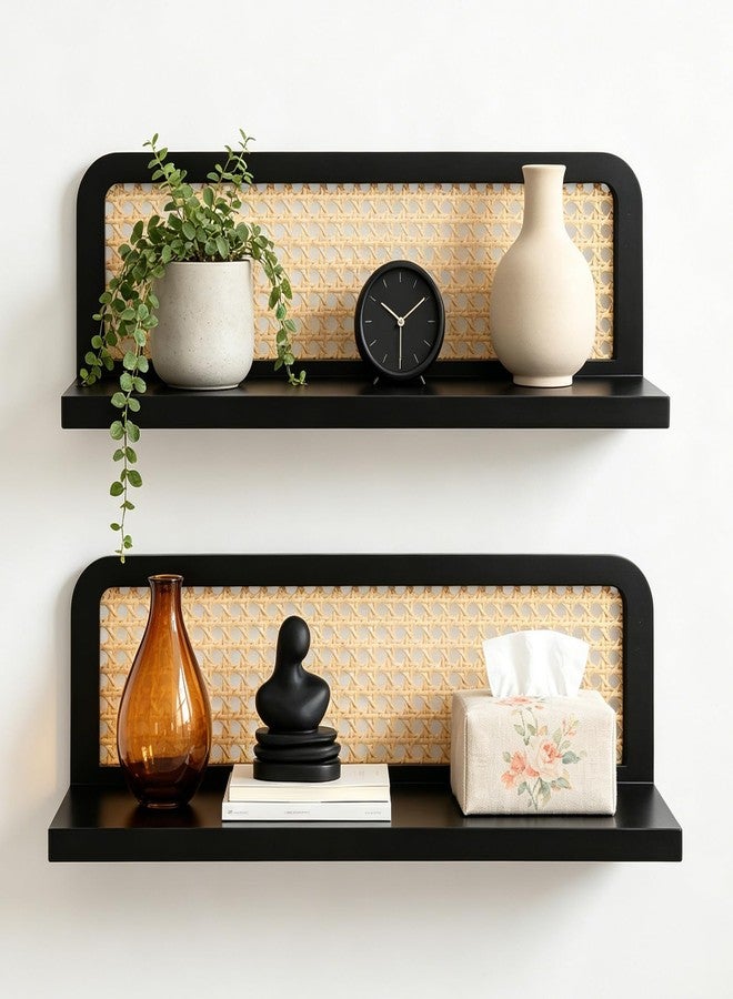 OFIDELITY Floating Shelves Bathroom Wall Shelf, 16 Inch Rattan Wall Shelf Set of 2, Wooden Hanging Bookshelf Storage, Boho Decorative Floating Shelves for Kids Room, Living Room, Bedroom, Rattan Shelf, Black - Image 1