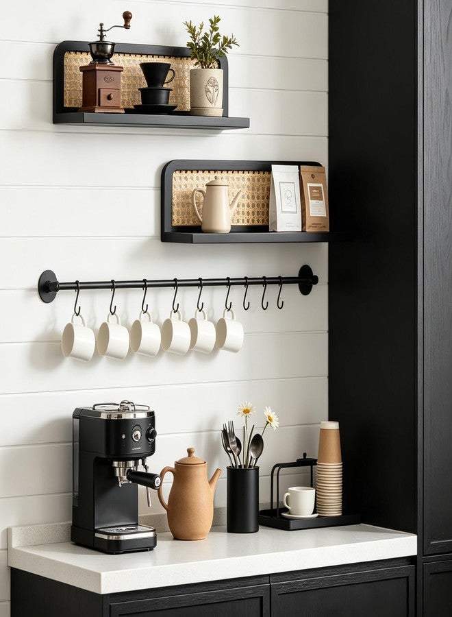 OFIDELITY Floating Shelves Bathroom Wall Shelf, 16 Inch Rattan Wall Shelf Set of 2, Wooden Hanging Bookshelf Storage, Boho Decorative Floating Shelves for Kids Room, Living Room, Bedroom, Rattan Shelf, Black - Image 4