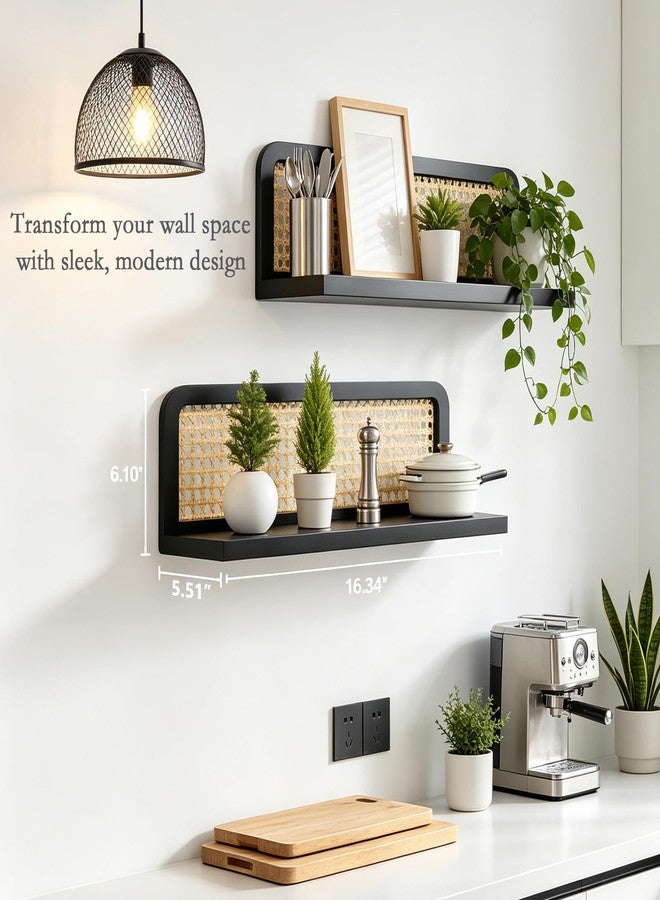 OFIDELITY Floating Shelves Bathroom Wall Shelf, 16 Inch Rattan Wall Shelf Set of 2, Wooden Hanging Bookshelf Storage, Boho Decorative Floating Shelves for Kids Room, Living Room, Bedroom, Rattan Shelf, Black - Image 2