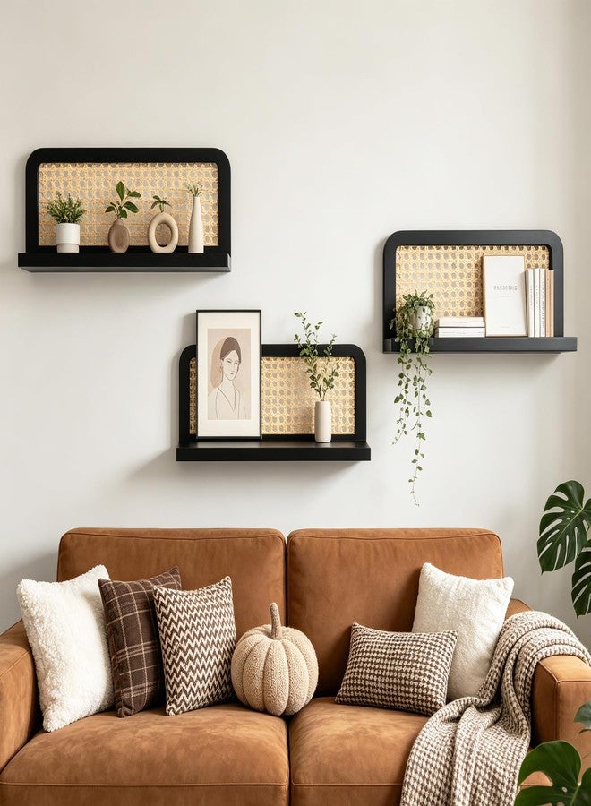 OFIDELITY Floating Shelves Bathroom Wall Shelf, 16 Inch Rattan Wall Shelf Set of 2, Wooden Hanging Bookshelf Storage, Boho Decorative Floating Shelves for Kids Room, Living Room, Bedroom, Rattan Shelf, Black - Image 3