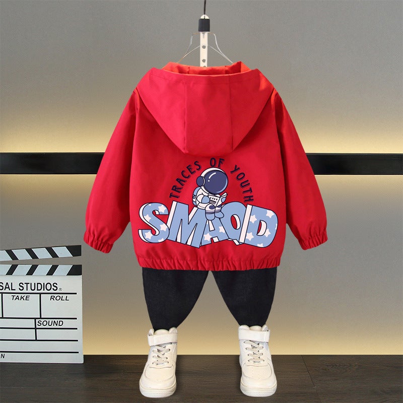 Boys Spring Cartoon Coat Top 2025 New Western Style Middle and Large Childrens Casual All-match Hooded Charge Clothes Red (Reading Astronaut) 