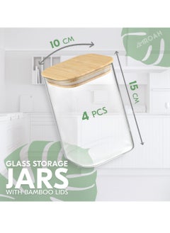 AMROAH 4 psc Square Glass Storage Jar with Bamboo Lids 1100 ml, Stackable Clear Kitchen Glass Canisters with Airtight Lids Food Storage Candy Tea Coffee Nuts Pasta Beans Sugar Spice Cookie Rise  - Image 3
