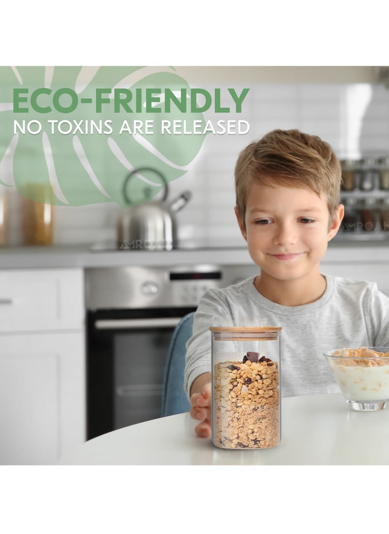 AMROAH - 4 psc Square Glass Storage Jar with Bamboo Lids 1100 ml, Stackable Clear Kitchen Glass Canisters with Airtight Lids Food Storage Candy Tea Coffee Nuts Pasta Beans Sugar Spice Cookie Rise - Image 1