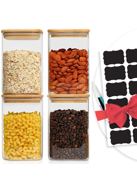 4 psc Square Glass Storage Jar with Bamboo Lids 1100 ml, Stackable Clear Kitchen Glass Canisters with Airtight Lids Food Storage Candy Tea Coffee Nuts Pasta Beans Sugar Spice Cookie Rise