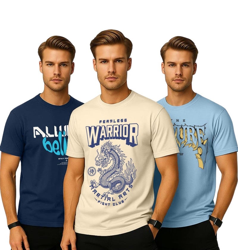 Veirdo® Pure Cotton Regular Fit Graphic Printed Round Neck Half Sleeve T-Shirt Combo for Men (PO3_TSH_V99_ALWY_FUTR_WARR_L) - Image 1