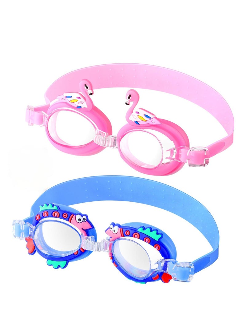 Excefore Swimming Goggles for Kid, 2 Pcs Soft Silicone Anti Fog Leakproof Carton Goggles with Clear Vision, Adjustable Head Strap & Wide View, No Leaking UV Protection Lenses for 3-9 Years Old Girls Boys - Image 1