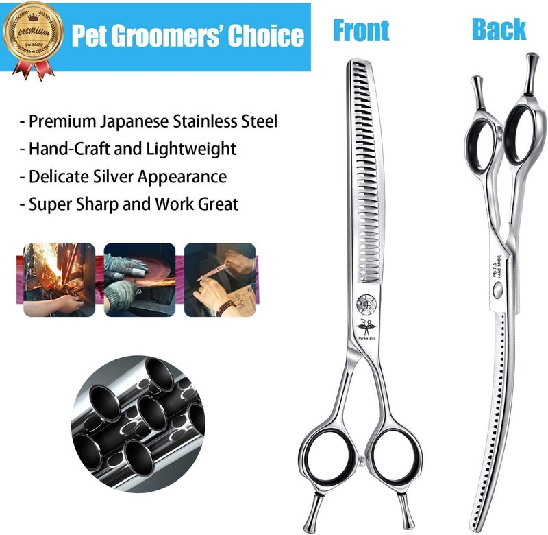 PURPLEBIRD 7 Inch Downward Curved Dog Grooming Scissors Pet Thinning Texturizing Shears Professional Safety Blunt Tip Trimming Shearing for Dogs Cats Face Paws Limbs Japanese Stainless Steel Silver - Image 4