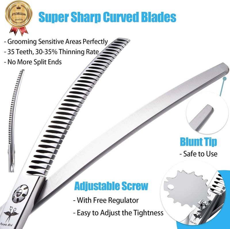 PURPLEBIRD 7 Inch Downward Curved Dog Grooming Scissors Pet Thinning Texturizing Shears Professional Safety Blunt Tip Trimming Shearing for Dogs Cats Face Paws Limbs Japanese Stainless Steel Silver - Image 2