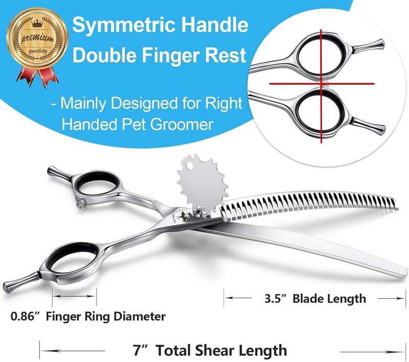 PURPLEBIRD 7 Inch Downward Curved Dog Grooming Scissors Pet Thinning Texturizing Shears Professional Safety Blunt Tip Trimming Shearing for Dogs Cats Face Paws Limbs Japanese Stainless Steel Silver - Image 3