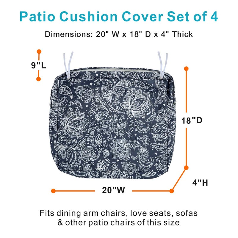 NettyPro Outdoor Cushion Covers for Patio Furniture 4 Pack UV Resistant Water Repellent Patio Chair Seat Cushion Slipcovers, 20 x 18 x 4 Inch, Replacement Cover Only, Slate Grey Paisley - Image 5
