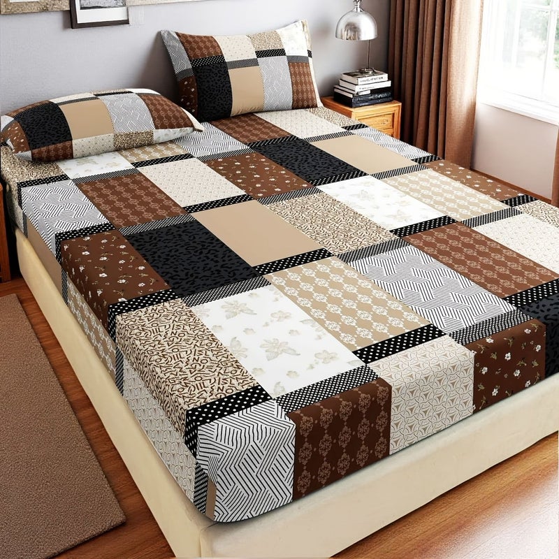 3pcs Bedding Set Baifu Coffee Fitted Sheet 70 87 X 78 74 Inches Modern Exquisite Geometric Grid Printed Comfortable All Season Home - Image 4